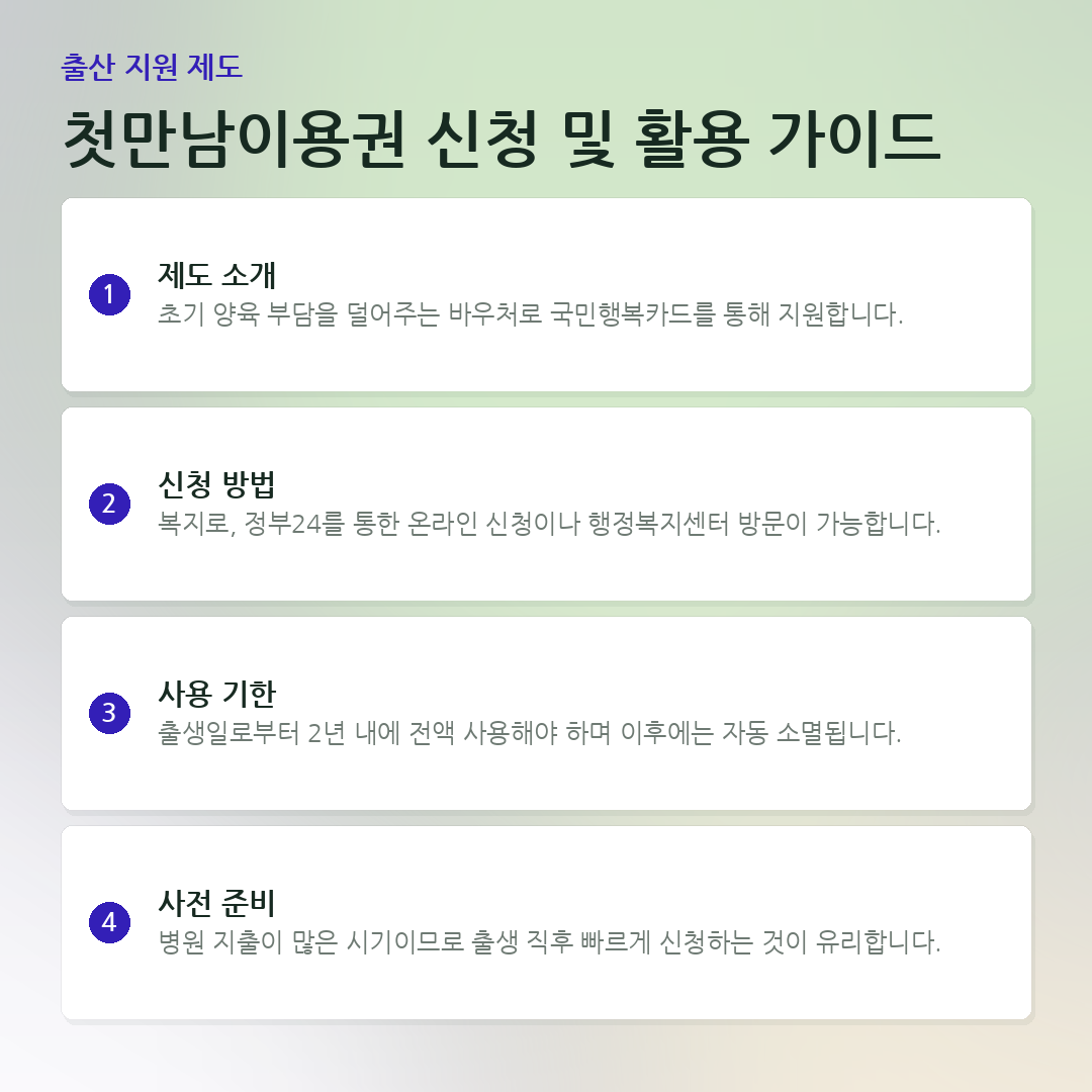 첫만남이용권 신청 및 활용 가이드 요약 카드