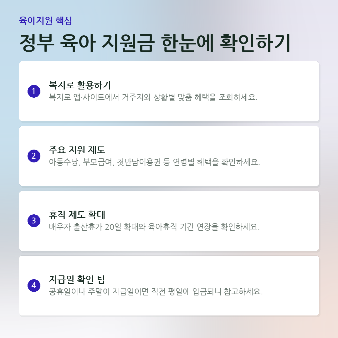 정부 육아 지원금 한눈에 확인하기 요약 카드