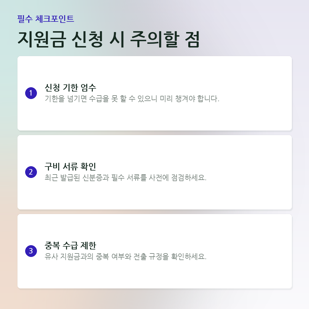 지원금 신청 시 주의할 점 요약 카드