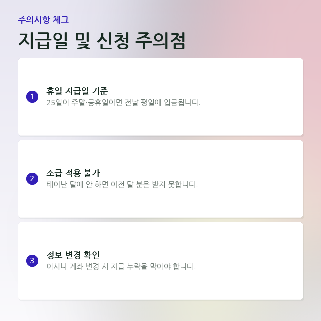 지급일 및 신청 주의점 요약 카드