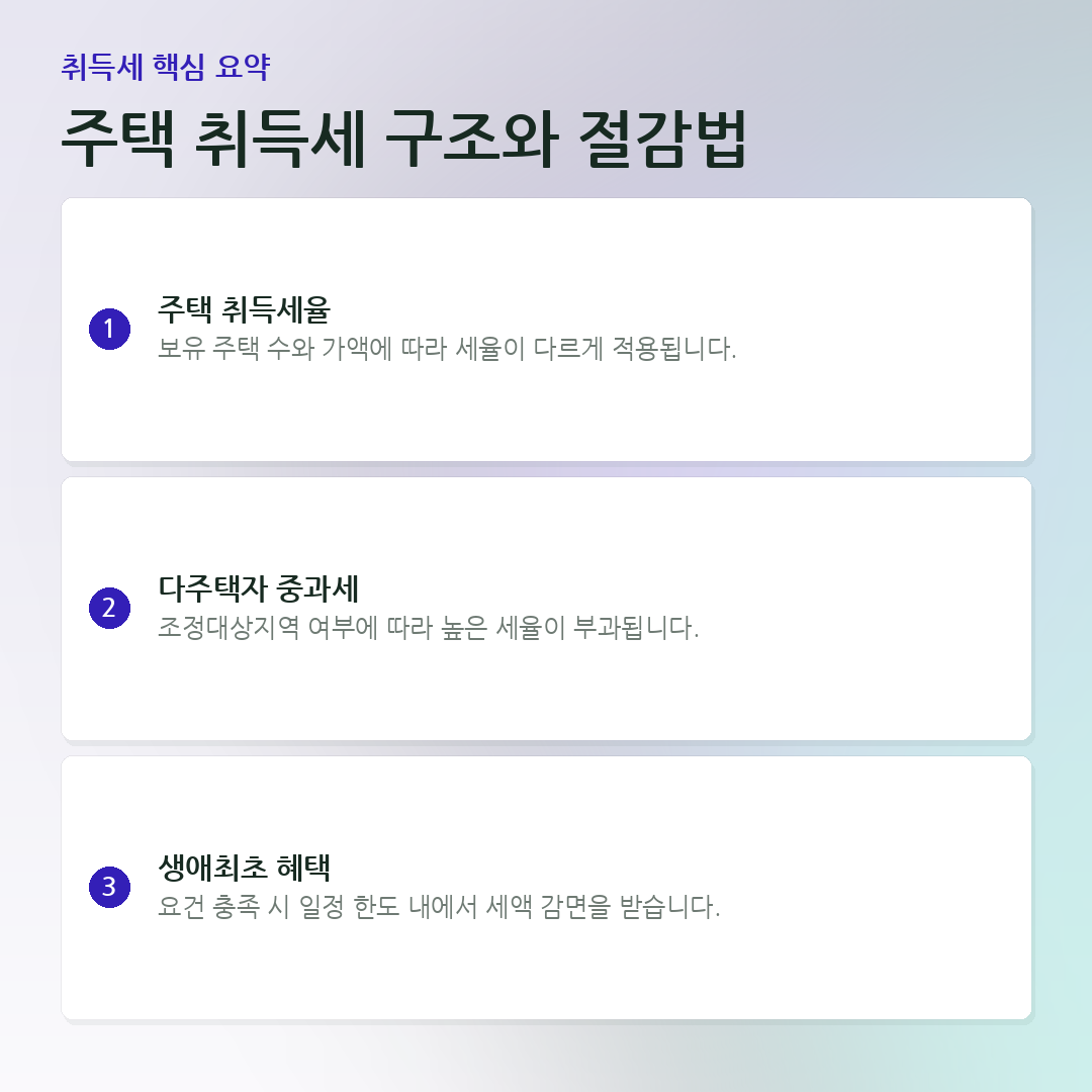 주택 취득세 구조와 절감법 요약 카드