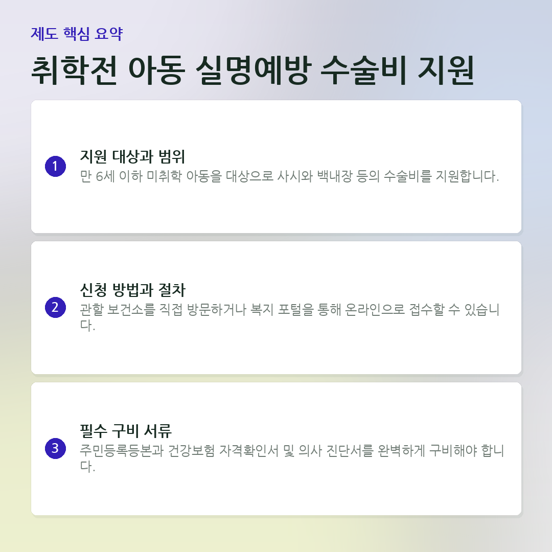 취학전 아동 실명예방 수술비 지원 요약 카드